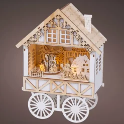 Villaggio di Natale in legno luminoso, musicale e animato a pile (H27 cm) Carro festivo