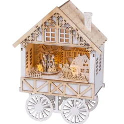 Villaggio di Natale in legno luminoso, musicale e animato a pile (H27 cm) Carro festivo