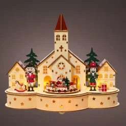 Villaggio di Natale in legno luminoso e musicale a pile (30 x H24 cm) Chiesa e schiaccianoci