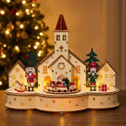 Villaggio di Natale in legno luminoso e musicale a pile (30 x H24 cm) Chiesa e schiaccianoci