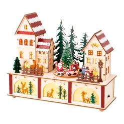 Villaggio di Natale in legno luminoso e musicale a pile (27 x H22 cm) Cuore del villaggio Colorato