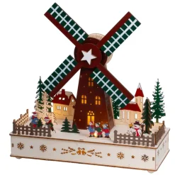 Villaggio di Natale in legno luminoso, animato e musicale a pile (H29 cm) Mulino a vento