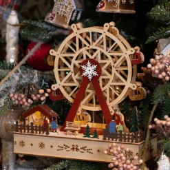 Villaggio di Natale in legno luminoso e musicale a pile (28 x H28 cm) Grande ruota colorata