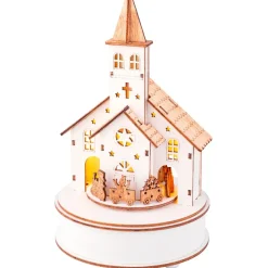 Villaggio di Natale in legno luminoso e musicale a pile (H24 cm) Chiesa e treno