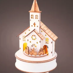 Villaggio di Natale in legno luminoso e musicale a pile (H24 cm) Chiesa e treno