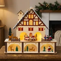 Villaggio di Natale in legno luminoso e musicale a pile (27 x H24 cm) Chalet Svizzero Colorato