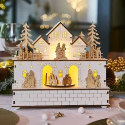 Villaggio di Natale in legno luminoso e musicale a pile (21 x H24 cm) Villaggio in festa
