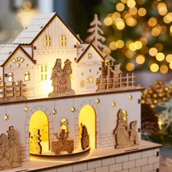 Villaggio di Natale in legno luminoso e musicale a pile (21 x H24 cm) Villaggio in festa