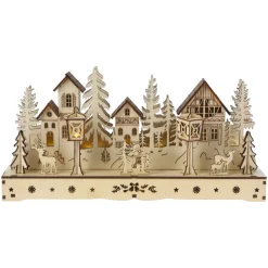 Villaggio di Natale in legno luminoso a pile (29 x H14 cm) Piazza incantata Naturale