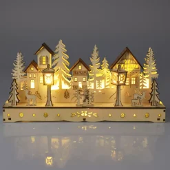 Villaggio di Natale in legno luminoso a pile (29 x H14 cm) Piazza incantata Naturale