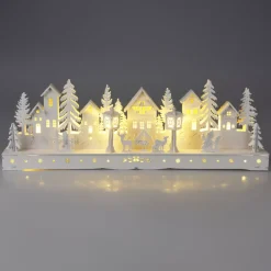 Villaggio di Natale in legno luminoso a pile (45 x H15 cm) Piazza incantata Bianca