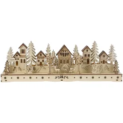 Villaggio di Natale in legno luminoso a pile (45 x H15 cm) Piazza incantata Naturale