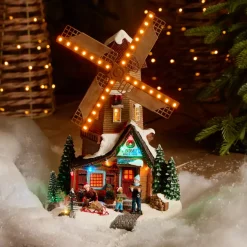 Villaggio di Natale luminoso, animato e musicale (H34 cm) Mulino e bambini