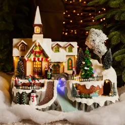 Villaggio di Natale luminoso, animato e musicale (H33 cm) Chiesa e cantanti